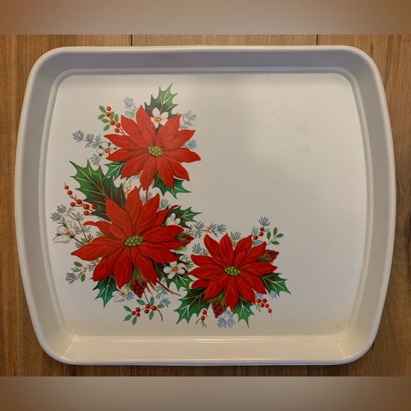 MCM Vintage Christmas Serving Trays Plastic Christmas Tree Poinsettia 12x10 - Picture 3 of 4